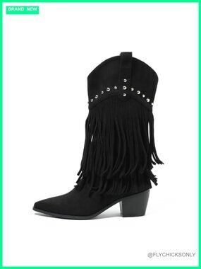 Western Fringe Boots Mid-Calf Cowgirl Faux Leather Studded Block Heel